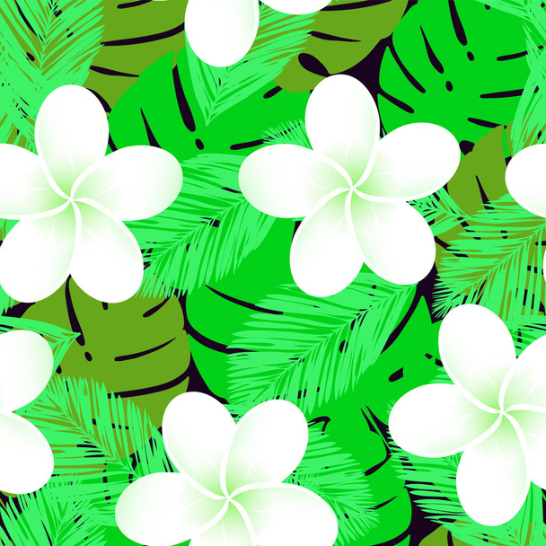 Seamless vector tropical pattern. Plumeria, frangipani. Exotic vector beach wallpaper seamless pattern. - Vektör, Görsel