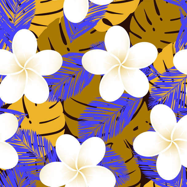 Seamless vector tropical pattern. Plumeria, frangipani. Exotic vector beach wallpaper seamless pattern. - Vector, Image