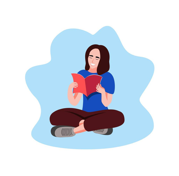 Woman reading and sitting near a tree. Concept for a book festival, fair, reading challenge. Vector illustration of girl with books. - ベクター画像