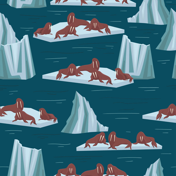 A jég és jégkorongok walruses. Varrat nélküli mintázat a szövetek és a csomagoló papírok számára. Vektorgrafikus. - Vektor, kép