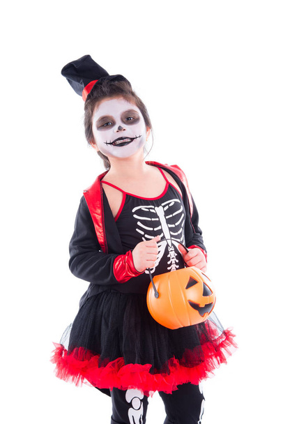 Happy asian girl in halloween skeleton costume  - Photo, Image