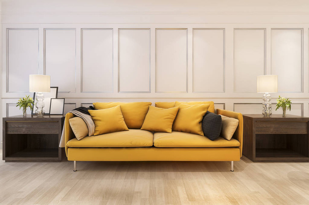 3D απόδοση μακέτα επάνω κλασικό σκανδιναβικού στυλ σαλόνι με κίτρινο καναπέ  - Φωτογραφία, εικόνα