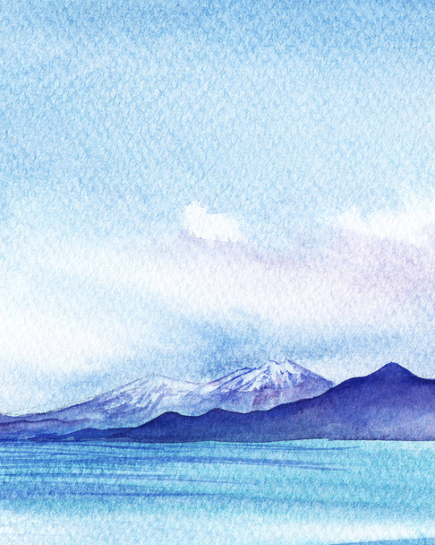 Abstract mountain landscape. Lake Van. dark silhouettes of mountain chains with snow-capped peaks, behind the water surface. Hand-drawn watercolor illustration on texture paper. - 写真・画像