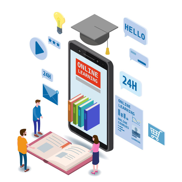 Online oktatás izometrikus ikonok összetétele a kis ember vesz könyveket smartphone elektronikus könyvtár online globális oktatási képzések, egyetemi tanulmányok és digitális könyvtár - Vektor, kép