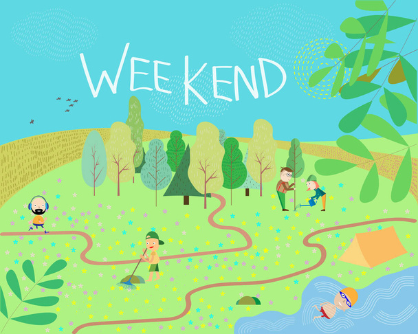People in the park. Vector illustration of people having a rest on a picnic in nature. Active family weekend in the forest by the lake. - ベクター画像