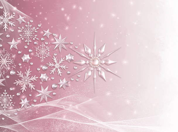 Weihnachten glänzender Hintergrund Neujahr, silberne Schneeflocke, fantastischer verschwommener Wolken- und Himmelsverlauf, weicher Fokus, glitzernde funkelnde Sterne, brennende Lichter, Traum, rosa Pastellfarben, 3D-Darstellung - Foto, Bild