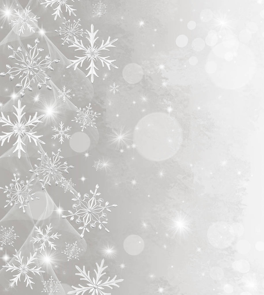 Weihnachten glänzenden Hintergrund Neujahr, silberne Schneeflocke, fantastische verschwommene Wolke und Himmelsverlauf, weicher Fokus, glitzernde Sterne, brennende Lichter, Traum. 3D-Darstellung - Foto, Bild