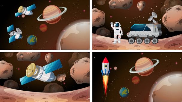 Satelliten-, Raketen- und Astronauten-Mars-Szenen - Vektor, Bild