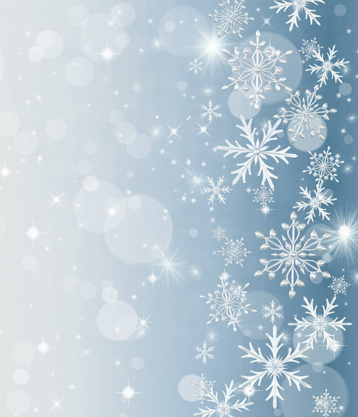 Natal fundo brilhante Ano Novo, floco de neve de prata, nuvem turva fantástica e gradiente de céu, foco suave, brilhantes estrelas cintilantes, luzes acesas, sonho. Renderização 3d
 - Foto, Imagem
