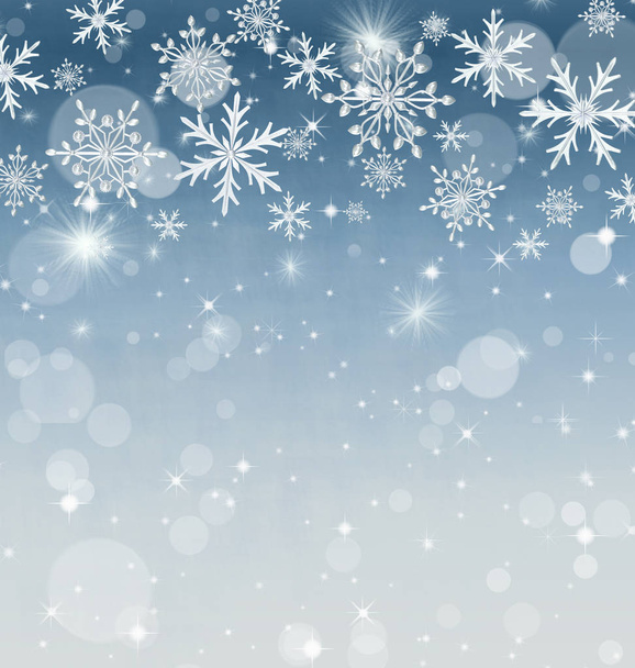 Boże Narodzenie błyszczące tło nowy rok, srebrny płatek śniegu, fantastyczne niewyraźne chmura i gradient nieba, miękkie ostrości, błyszczące gwiazdy musujące, płonące światła, marzenie. Renderowanie 3D - Zdjęcie, obraz