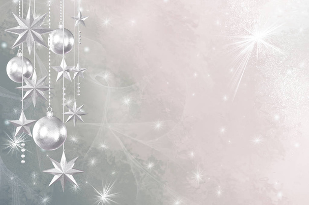 Weihnachten glänzender Hintergrund Neujahr, silberne Kugeln, fantastische verschwommene Wolken- und Himmelsverlauf, weicher Fokus, Grunge-Textur, glitzernde funkelnde Sterne, Locken, brennende Lichter, Traum. 3D-Darstellung - Foto, Bild