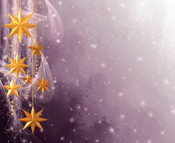 Kerst zachte pastel schijnt achtergrond, Nieuwjaar, glanzende gouden ballen, ster, veelkleurige serpentine, krullen, brandende lichten, droom. 3D-rendering - Foto, afbeelding