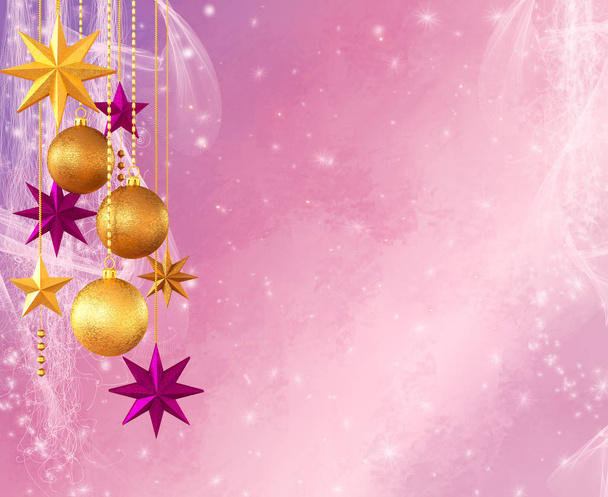 Karácsonyi lágy pasztell fényes háttér, újév, csillogó arany golyó, csillag, sokszínű szerpentin, fürtök, égő fények, álom. 3D-leképezés - Fotó, kép