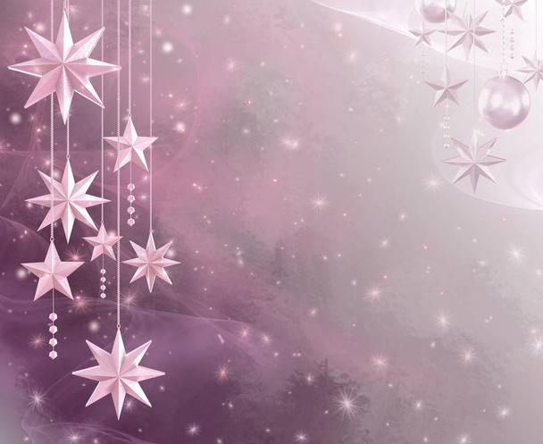 Weihnachten weicher pastellfarbener Hintergrund, Neujahr, goldglänzende Kugeln, bunte Serpentinen, Locken, brennende Lichter, Traum. 3D-Darstellung - Foto, Bild