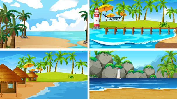 Набор тропических морских пейзажей с пляжами
 - Вектор,изображение