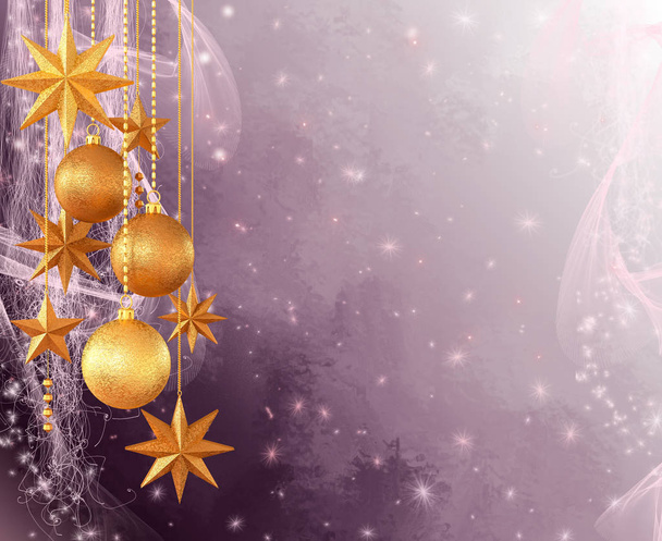 Boże Narodzenie miękkie pastelowe błyszczące tło, nowy rok, błyszczące złote kulki, gwiazda, wielokolorowe serpentyna, loki, płonące światła, marzenie. Renderowanie 3D - Zdjęcie, obraz