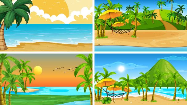 Набор тропических морских пейзажей с пляжами
 - Вектор,изображение