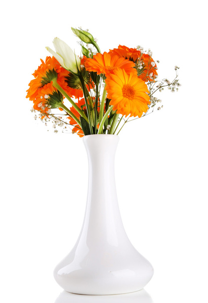 Calendula flowers in vase isolated on white - Fotó, kép