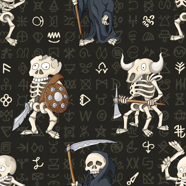 Halloween motif sans couture, fond avec squelettes dessinés à la main dessin animé
 - Vecteur, image