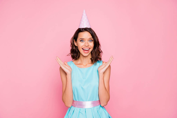 Close up photo amazing beautiful she her lady attractive pretty appearance birthday cap head hooray unexpected congrats b-day wear shiny colorful blue dress isolated pink bright vivid background - Foto, immagini