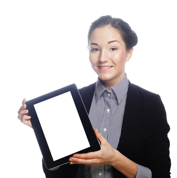 Isolated young business woman showing tablet - Photo, Image