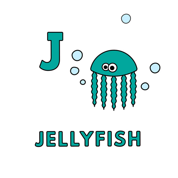 Vector Cute Cartoon Animals Alphabet. Jellyfish Illustration - Διάνυσμα, εικόνα