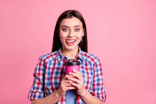 Portrait of cute attractive youngster people person have beverage mug delighted laughter summer holiday dream dreamy dressed plaid fashionable shirt isolated pink background - Foto, afbeelding