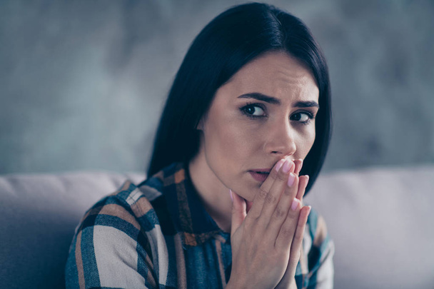 Close up side profile photo beautiful she her lady displeased hopeless suffering breakup husband boyfriend hands palms together nerves wear checkered plaid shirt comfort flat house living room indoors - Photo, Image