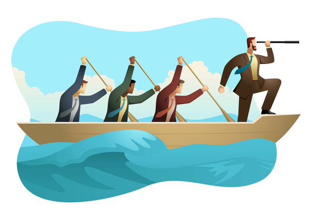 Businessmen rowing a boat on unfriendly water - Vector, Image