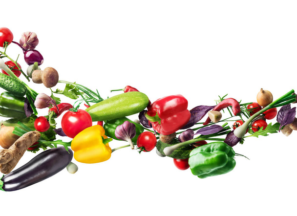 Concept of healthy nutrition. Flying vegetables at a white backg - Fotoğraf, Görsel