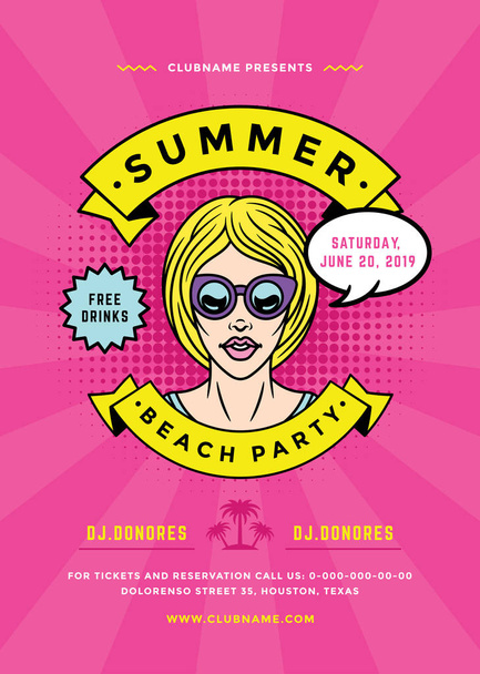 Summer beach party flyer or poster template 90s pop art typography style design. - Vektör, Görsel