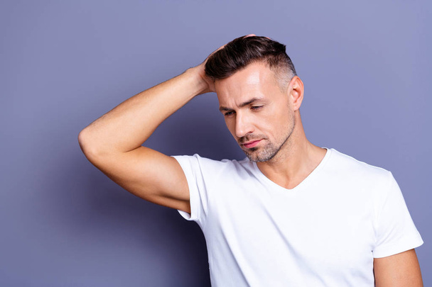 Close up photo amazing he him his middle age macho ponder pensive perfect appearance look mirror shower neat ideal hairdress styling stylist salon wear casual white t-shirt isolated grey background - Φωτογραφία, εικόνα