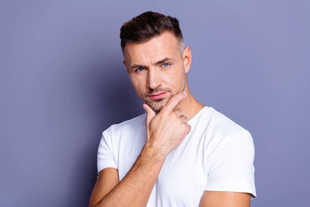 Close up photo amazing he him his middle age macho perfect appearance look bath mirror shower groomed neat stubble mustache test quality new balm wear casual white t-shirt isolated grey background - Foto, imagen