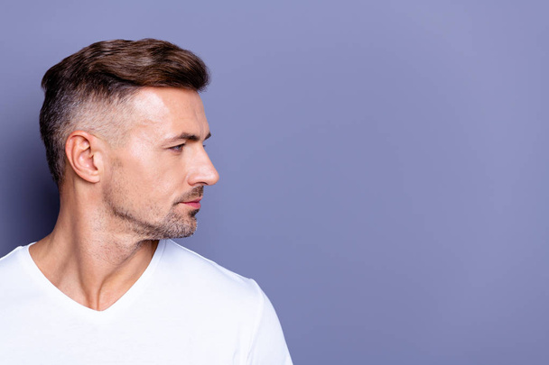 Close up side profile photo amazing he him his middle age macho perfect ideal appearance easy-going reliable person look calm not talk tell speak say wear casual white t-shirt isolated grey background - Foto, Bild