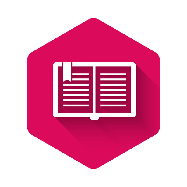 Blanco Icono de libro abierto aislado con sombra larga. Botón de hexágono rosa. Ilustración vectorial
 - Vector, Imagen