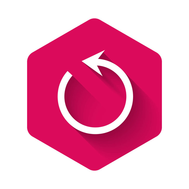 White Refresh icon isolated with long shadow. Reload symbol. Rotation arrow in a circle sign. Pink hexagon button. Vector Illustration - Vector, Image