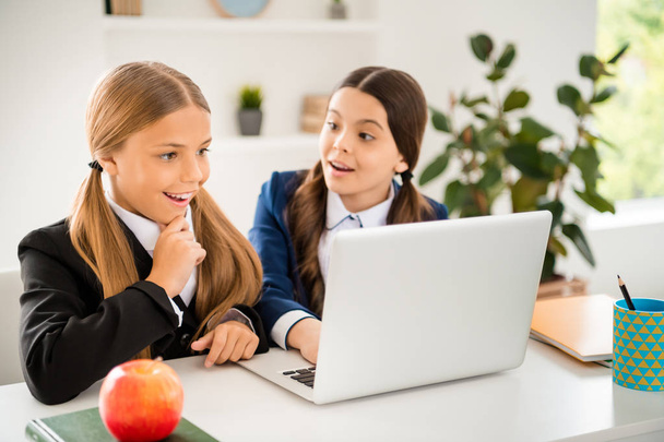 Portrait of two person nice-looking attractive charming cute lovely winsome cheerful cheery girls learners researching subject browsing doing home work in light white interior class room indoors - Foto, imagen