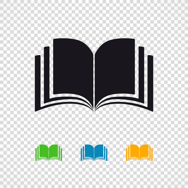 Ανοίξτε το βιβλίο μαύρο και χρωματιστά εικονίδια. Το εικονίδιο περιοδικού ή βιβλιοθήκης απομονώνεται σε διαφανές φόντο. Απεικόνιση διανυσματικών ιστοσελίδων για σχεδίαση ιστού ή ψηφιακή εκπαίδευση - Διάνυσμα, εικόνα