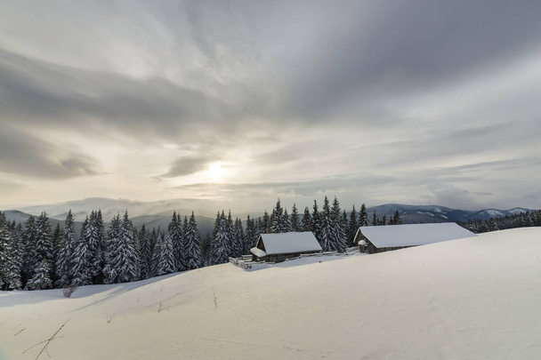 Winter mountain landscape. Old wooden houses on snowy clearing o - Фото, зображення