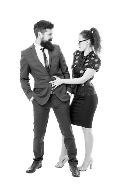 Flirting with boss. Man and woman business colleagues. Office flirt. Career company. Office couple. Flirting and seduction. Sexy secretary and manager cuddling. Dream job concept. Office job affair - Foto, Imagen
