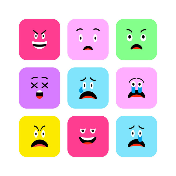 Angry Emojis icônes Set style plat. Émoticônes mignon carré arrondi à la Journée mondiale du sourire. Colère, Tristesse, Visages souffrants
. - Vecteur, image