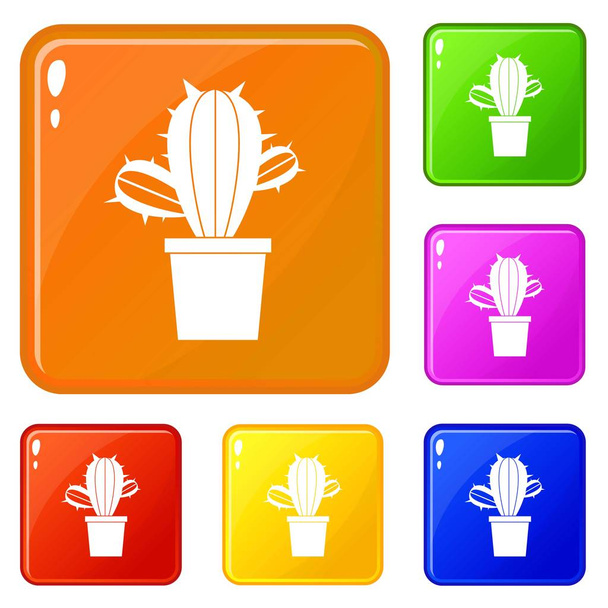 Cactus houseplants in pot icons set vector color - Vektor, Bild