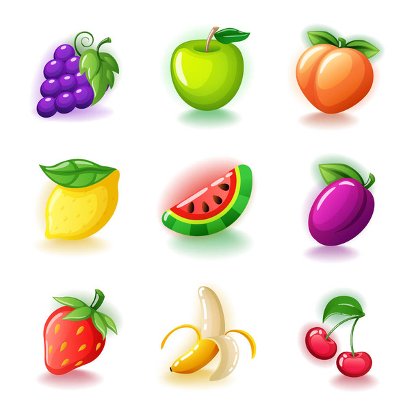 A színes gyümölcsök készlet-fényes cseresznye, szőlő, félig hámozott banán, érett eper, citrom, szilva, görögdinnye, őszibarack és zöld alma gyümölcs ikonok izolált fehér vektor - Vektor, kép