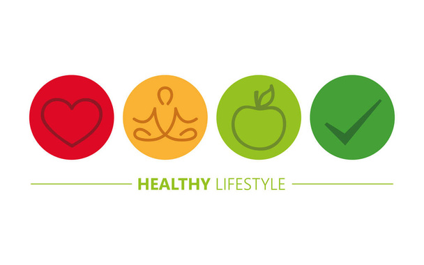 gesunde Lifestyle-Ikonen Herz Yoga und Apfel - Vektor, Bild