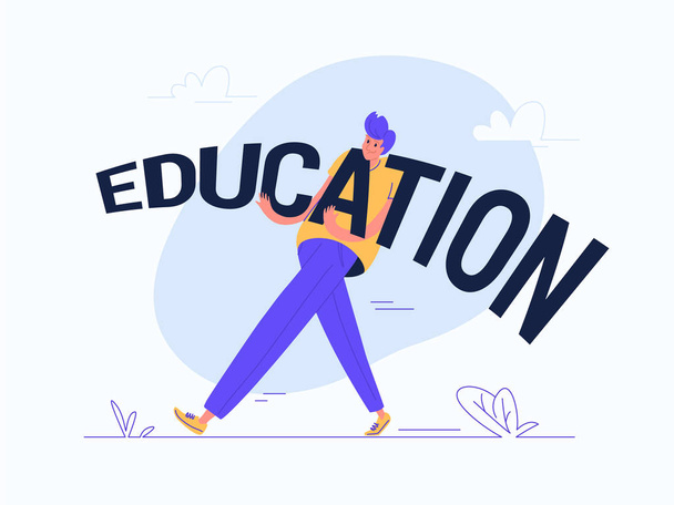 Young man carrying heavy education word. - Vector, imagen