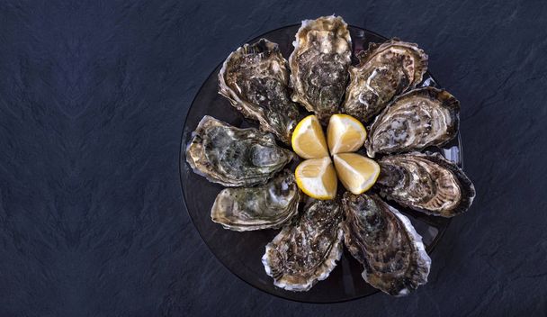 Gesloten oesters met citroen op zwarte plaat op donkergrijze achtergrond. Verse oesters close-up top uitzicht. Gezond zeevoedsel. Oester diner met Champagne in het restaurant. Luxe gastronomisch eten.  - Foto, afbeelding