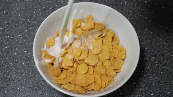 Verter la leche en un tazón con copos de maíz secos preparando el desayuno
. - Metraje, vídeo