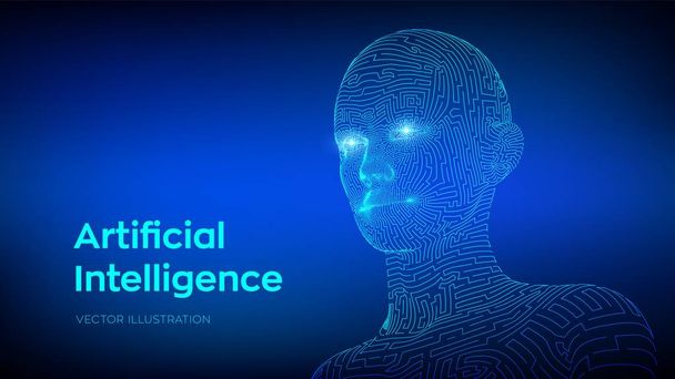Artifactial intelligence concept. Ai digital brain. Abstract digital human face. Human head in robot computer interpretation. Robotics concept. Wireframe head concept. Vector illustration. - Vektor, kép