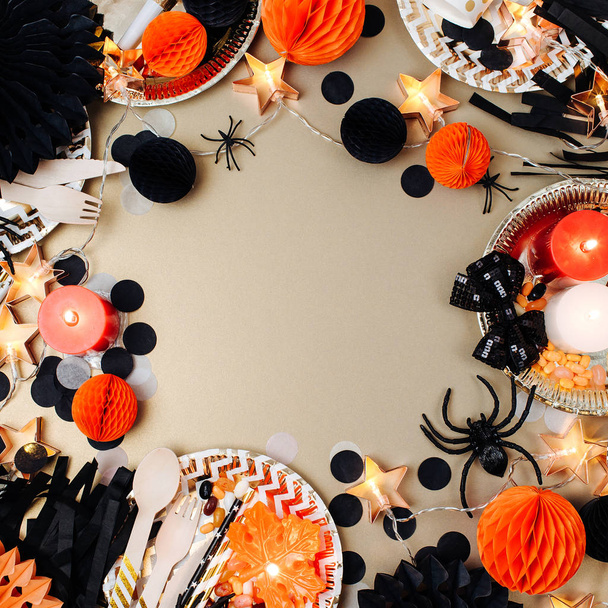 Halloween holiday background with candies, bats, spiders, pumpkins and decorations - Fotografie, Obrázek