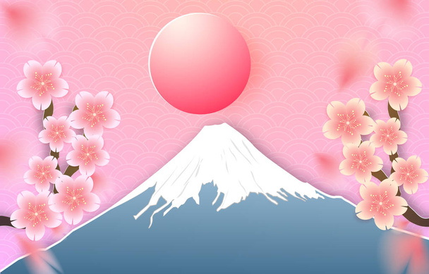 Japán táj Fuji hegy banner és Cherry Blossom, Sakura zuhan, papír kivágott stílusban. Vektoros illusztráció - Vektor, kép
